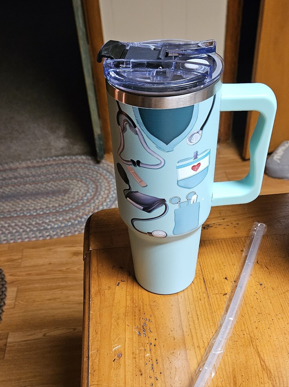 Aqua Nurse-Themed Insulated Travel Mug with Handle NWT